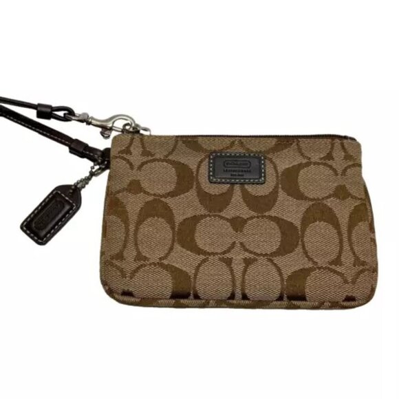 Coach Signature Wristlet Coin Wallet Khaki Canvas Brown Leather Trim EUC - Picture 1 of 13